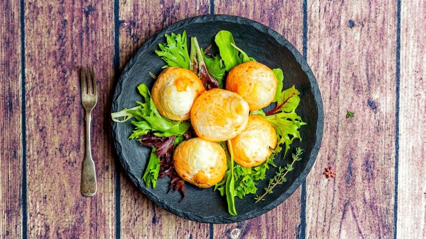 Pão de queijo served on a slate plate with fresh greens